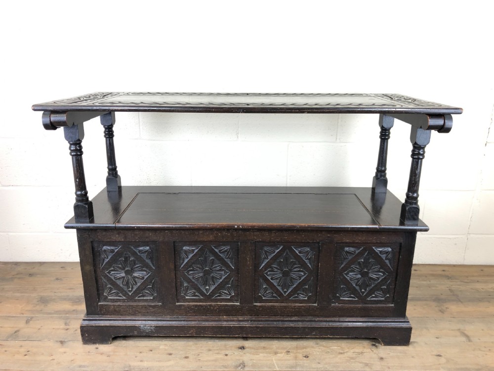 Early 20th Century Stained Oak Monk’s Bench  View V
