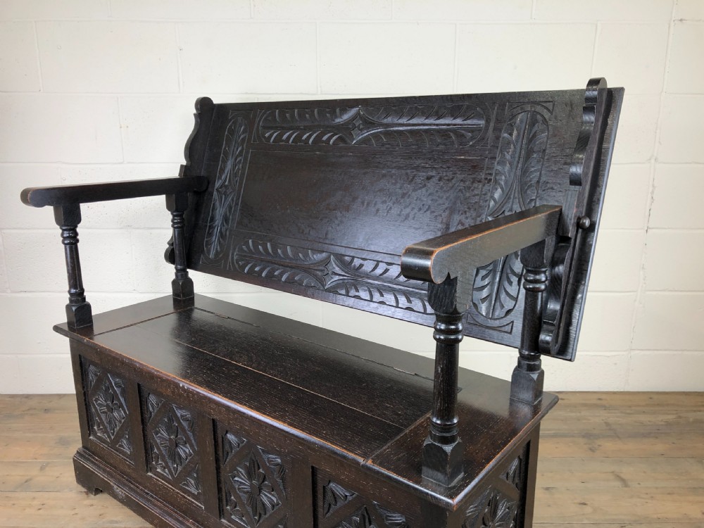 Early 20th Century Stained Oak Monk’s Bench  View VII