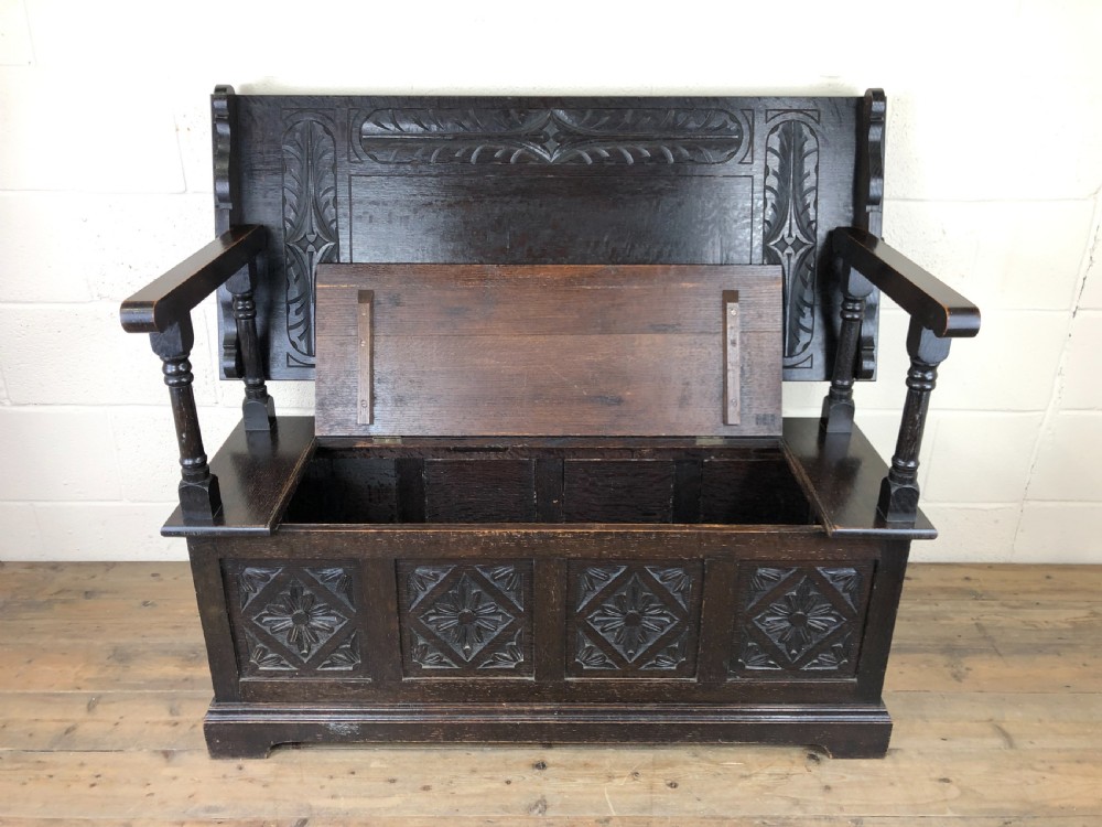 Early 20th Century Stained Oak Monk’s Bench  View X