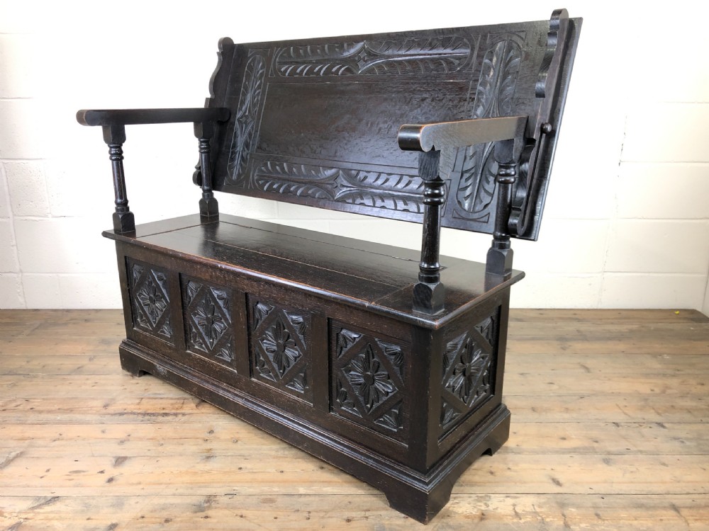 Early 20th Century Stained Oak Monk’s Bench  View XI