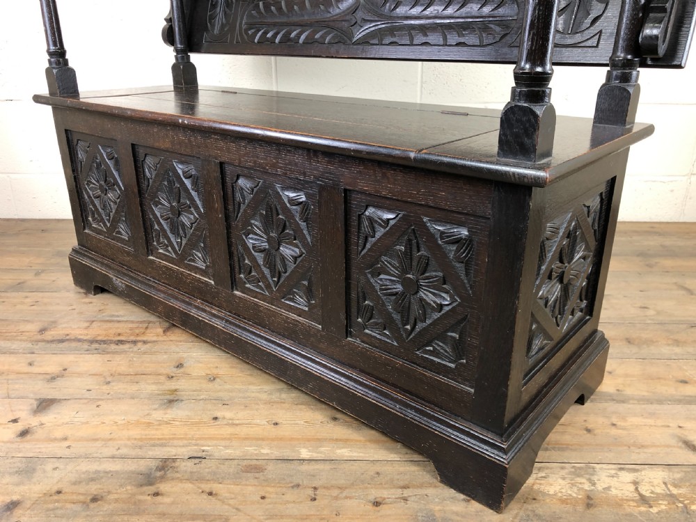Early 20th Century Stained Oak Monk’s Bench  View XII