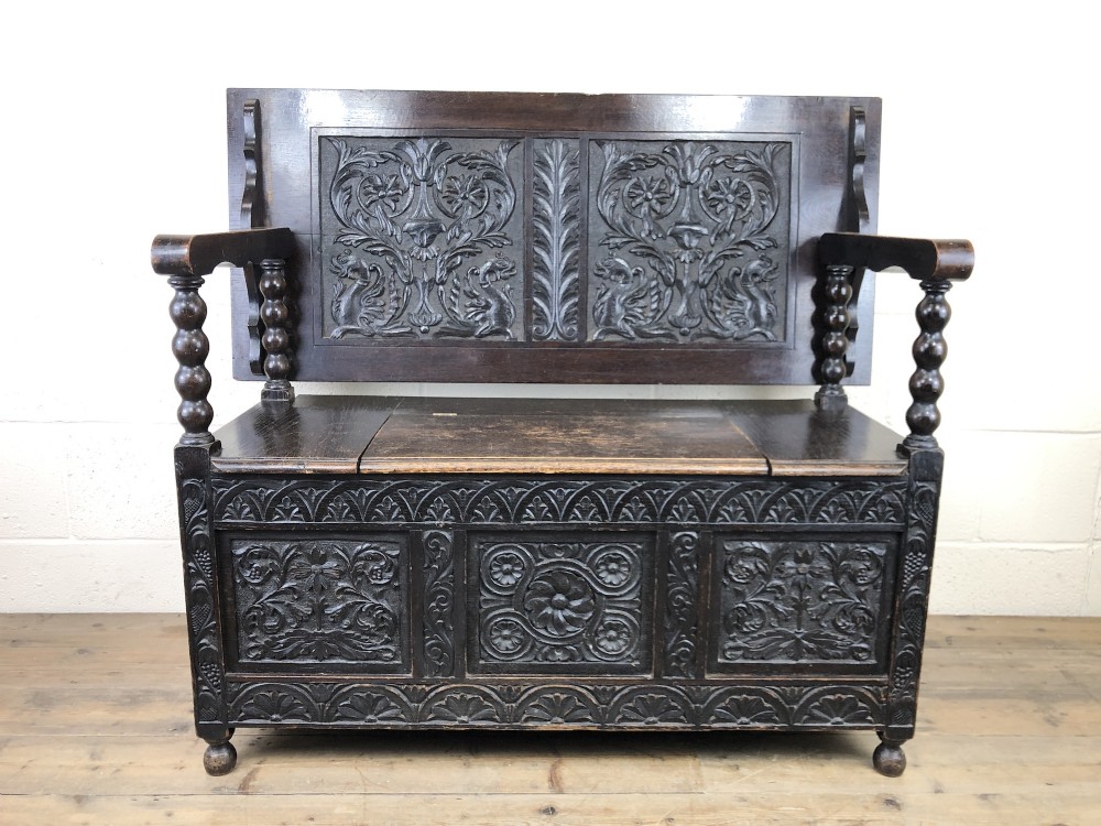 Antique Late Victorian Carved Oak Monk’s Bench