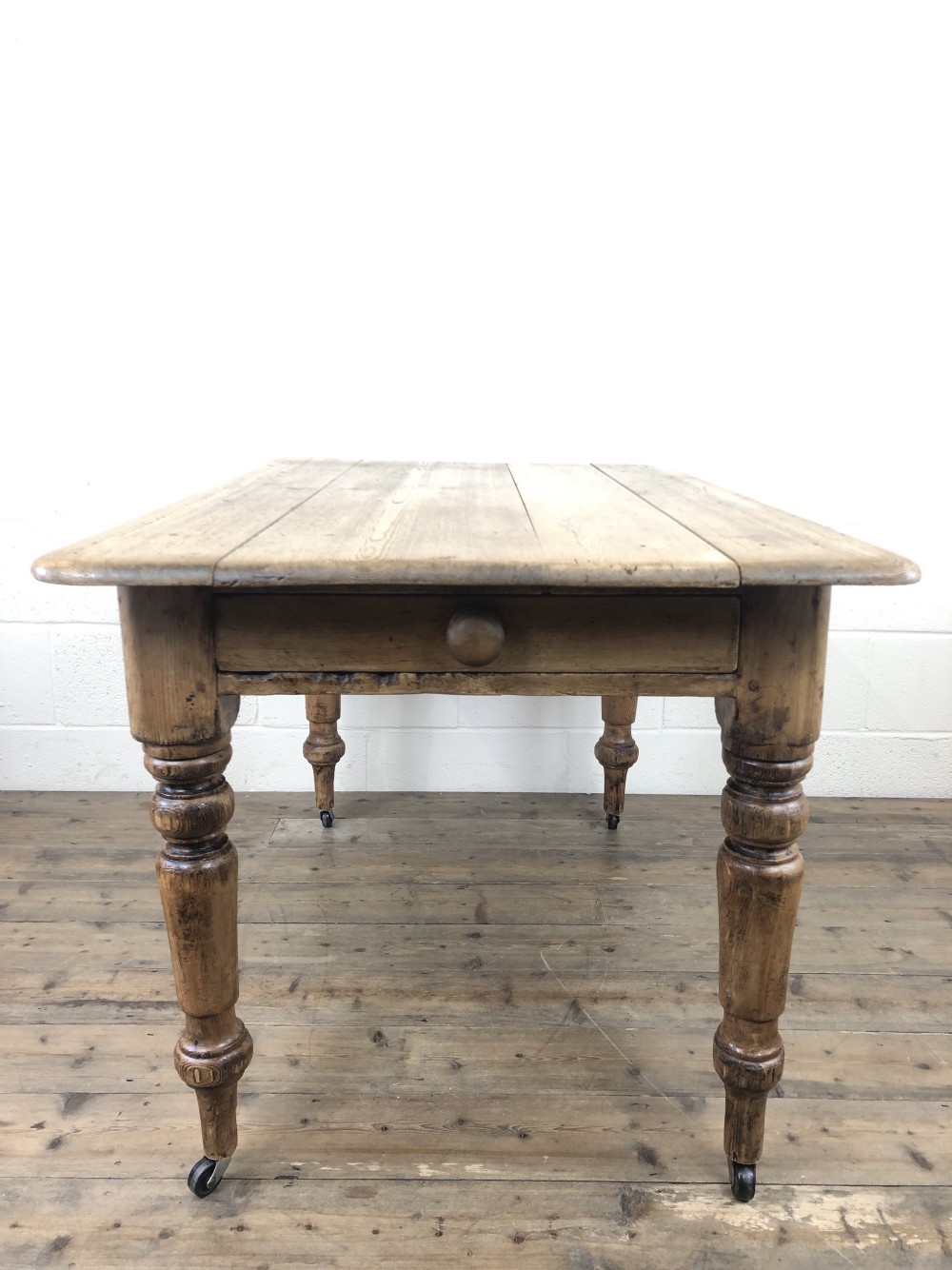 Antique Pine Farmhouse Kitchen Table with Drawer