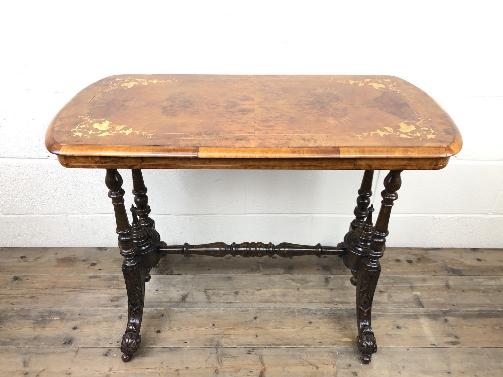 Victorian Walnut Inlaid Stretcher Table or Side Table