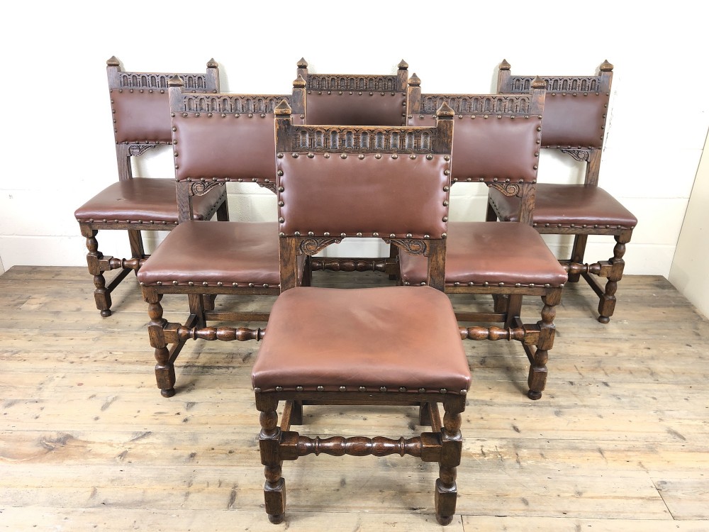 Set of Six Oak and Leather Chairs 