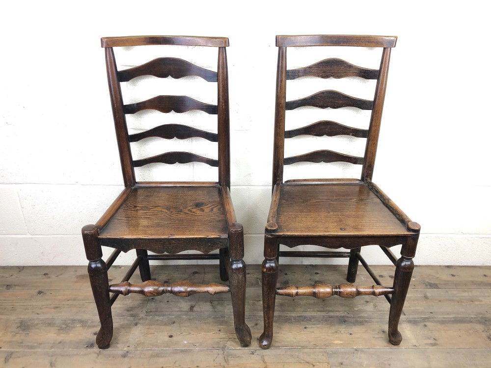 Two Similar Antique Ladder Back Farmhouse Chairs