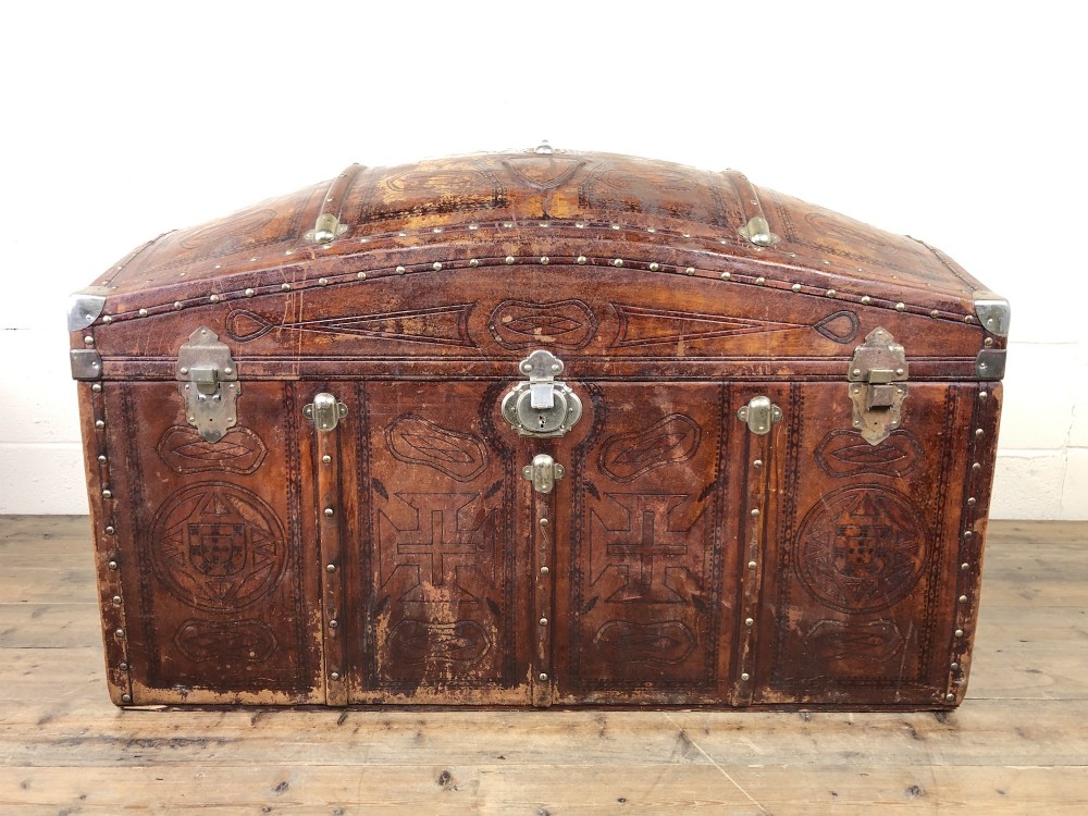 Large Leather Bound Dome Top Trunk