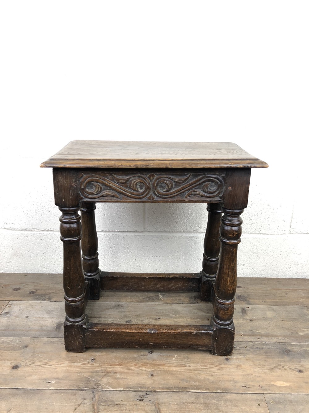 Antique Oak Joint Stool with Carved Detail