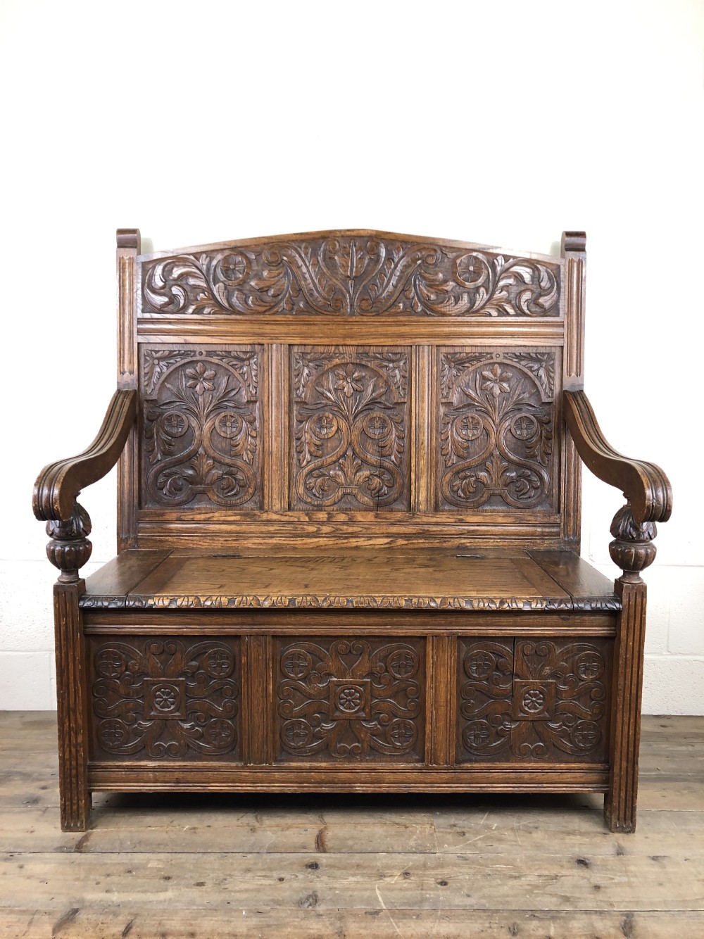Victorian Carved Oak Settle or Hall Bench