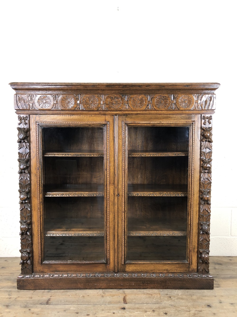 Victorian Glazed Oak Cabinet with Carved Detail