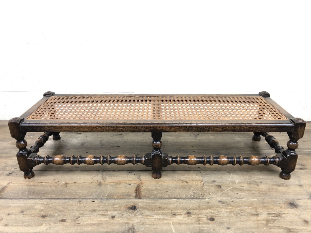 Early 20th Century Turned Oak Footstool with Cane Top 