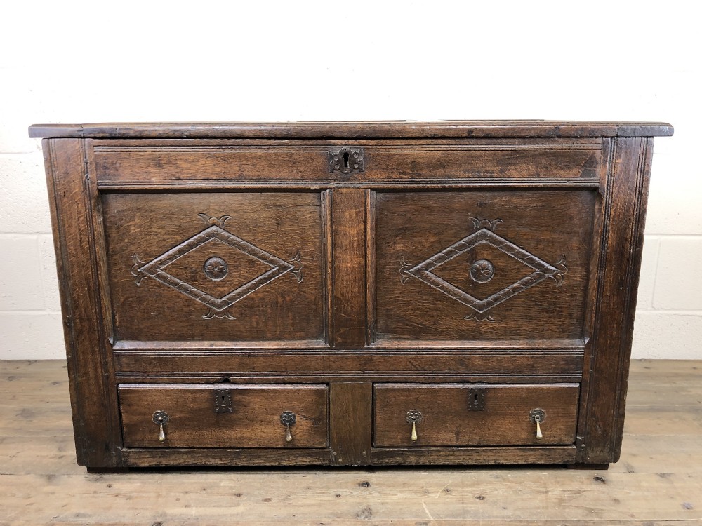 18th Century Oak Coffer or Mule Chest with Carved Panels