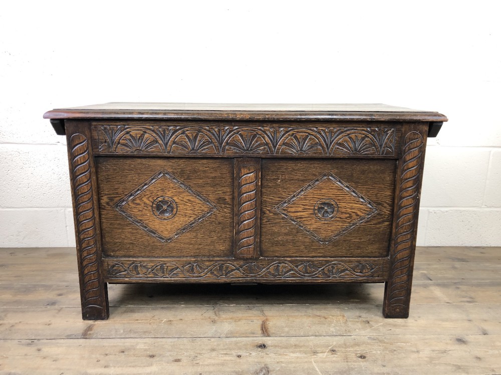 Antique Early 20th Century Carved Oak Coffer 