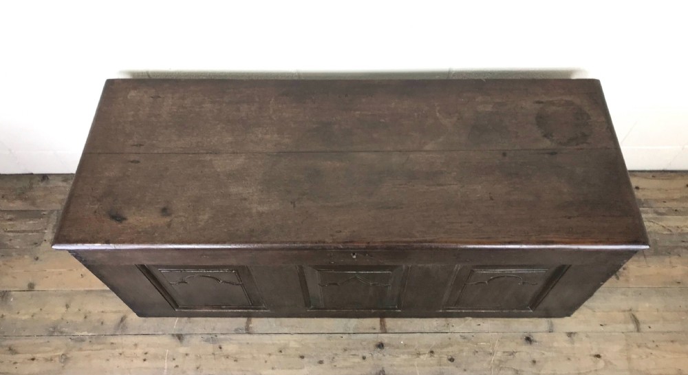 Antique 18th Century Oak Coffer with Carved Detail View II