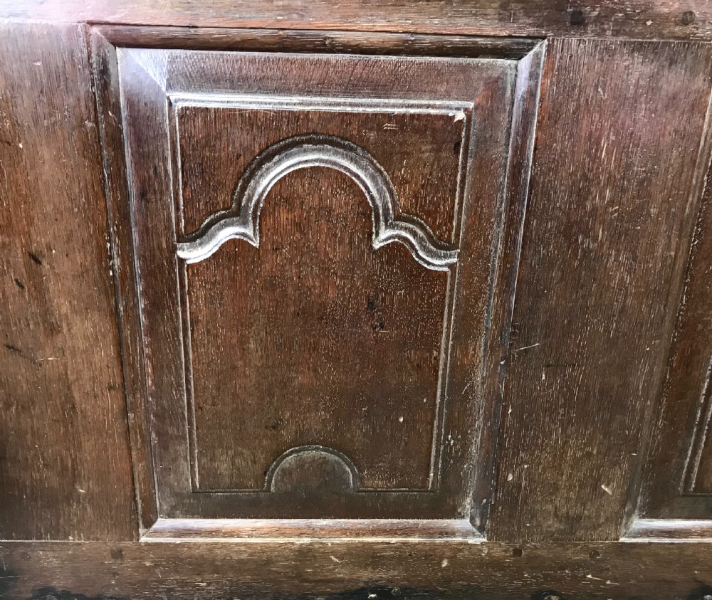 Antique 18th Century Oak Coffer with Carved Detail View V