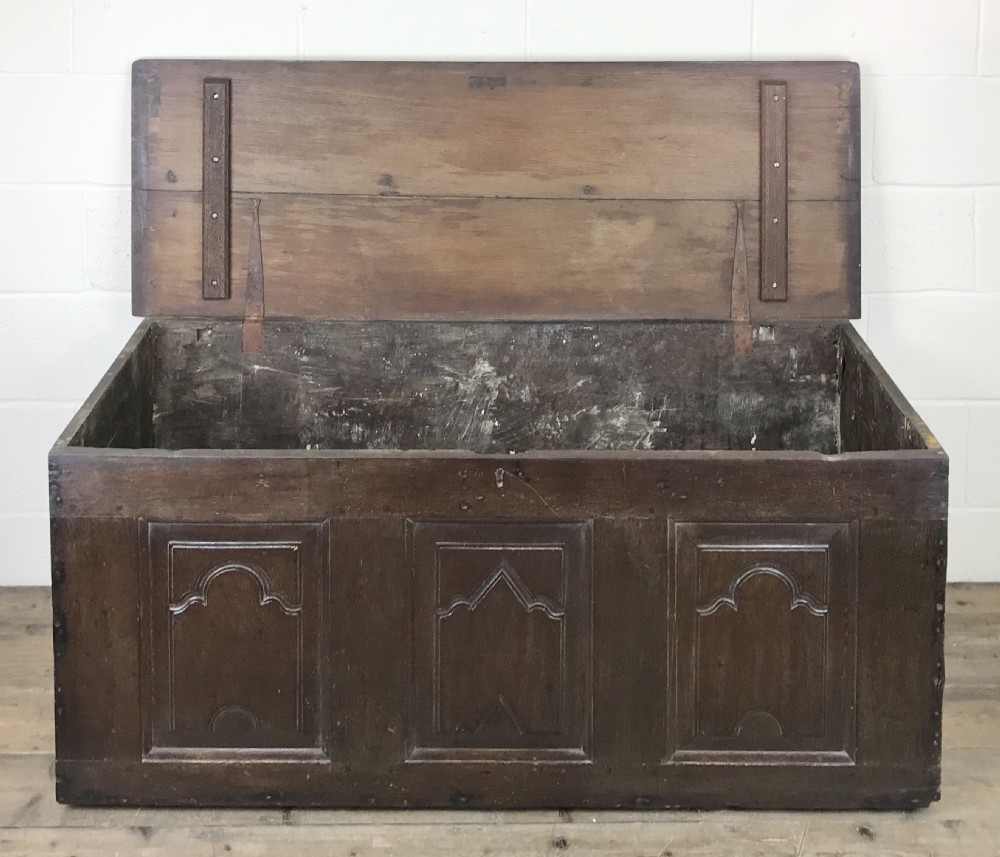Antique 18th Century Oak Coffer with Carved Detail View IX