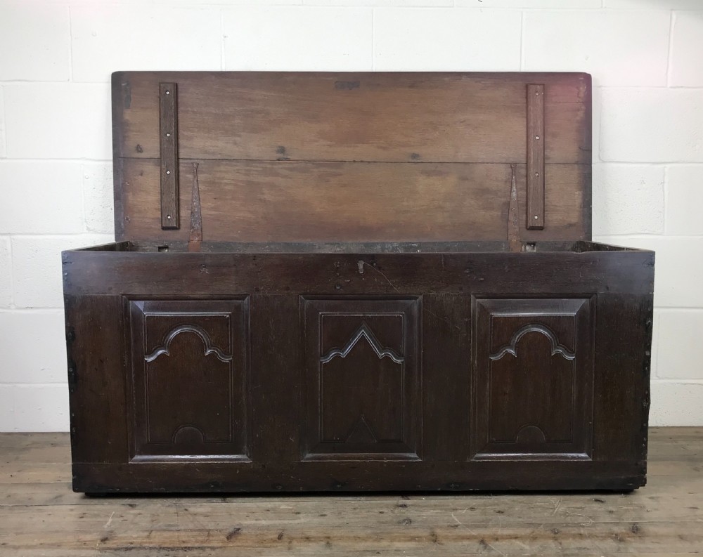 Antique 18th Century Oak Coffer with Carved Detail View X