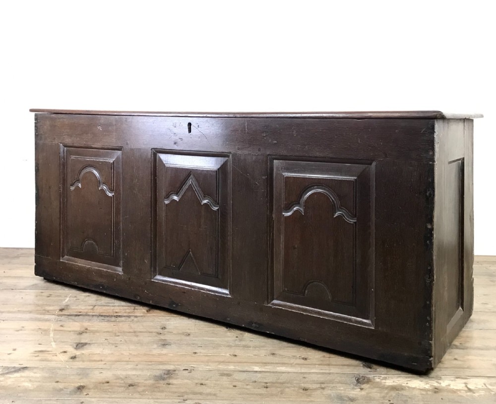 Antique 18th Century Oak Coffer with Carved Detail View XI