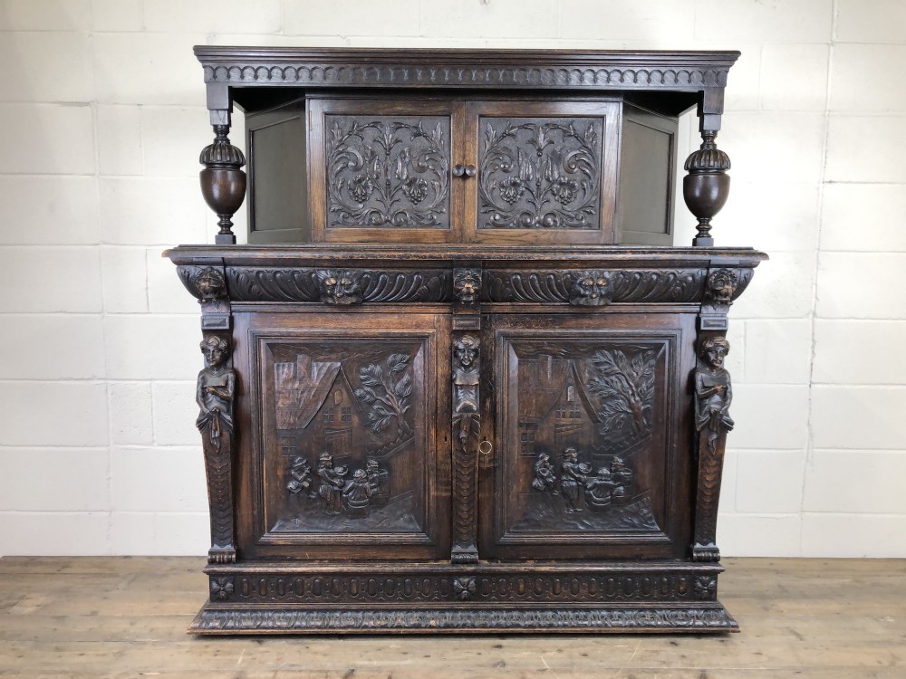 Antique 19th Century Carved Oak Court Cupboard