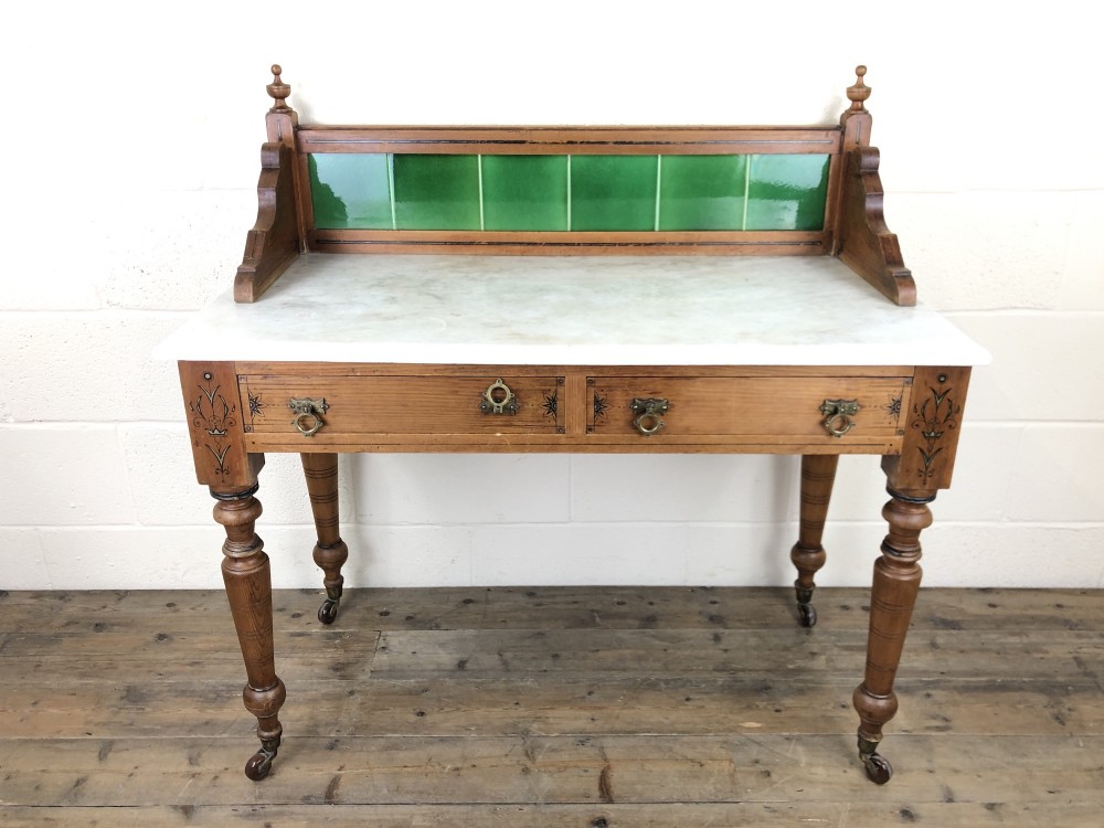 Antique Pine and Marble Washstand with Tiled Back