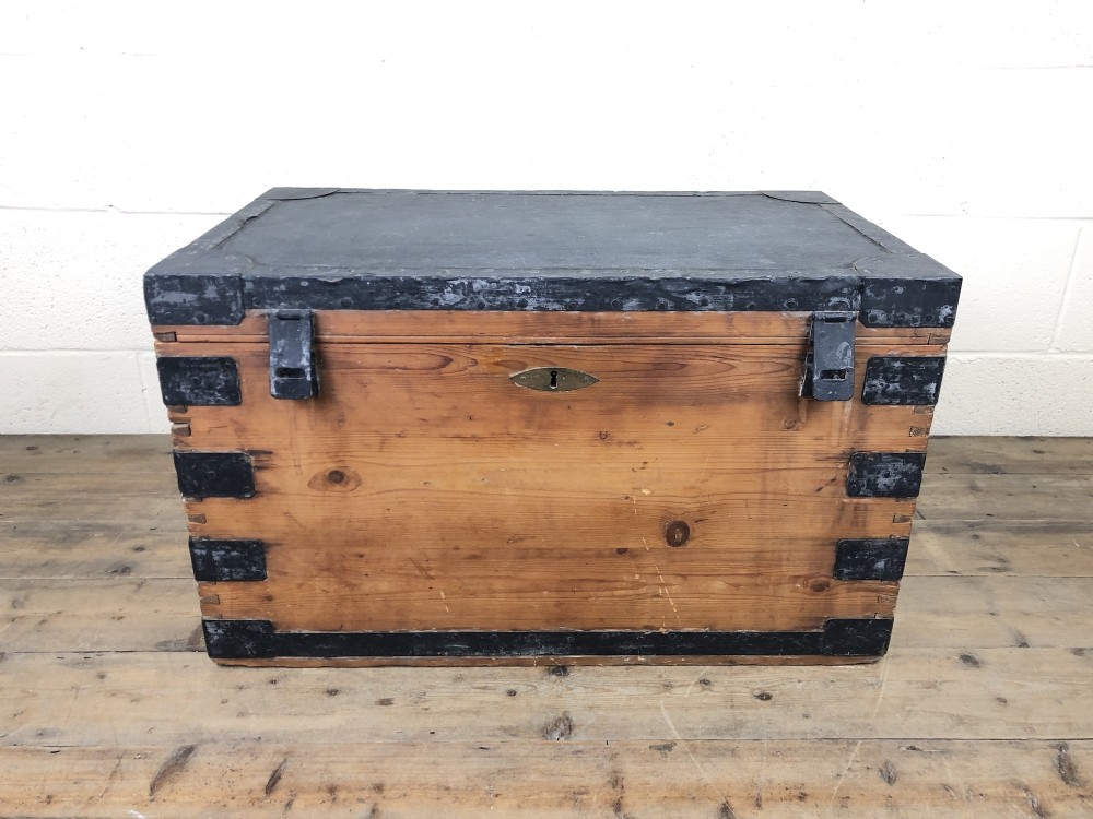 Antique Pine Metal Bound Trunk with Tin Lining