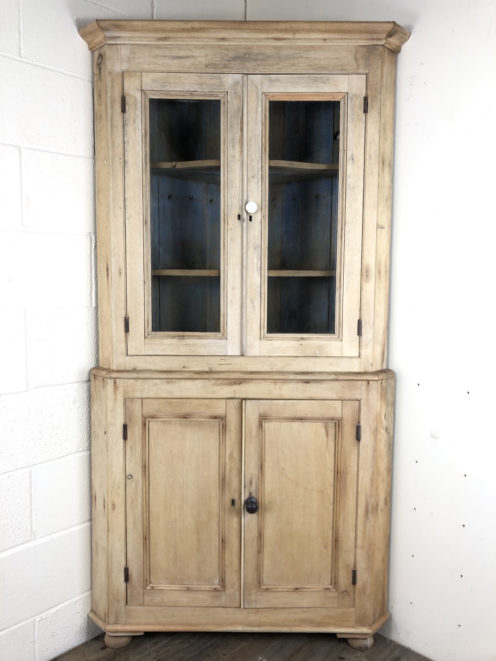 Victorian Stripped Pine Corner Cupboard with Glazed Top