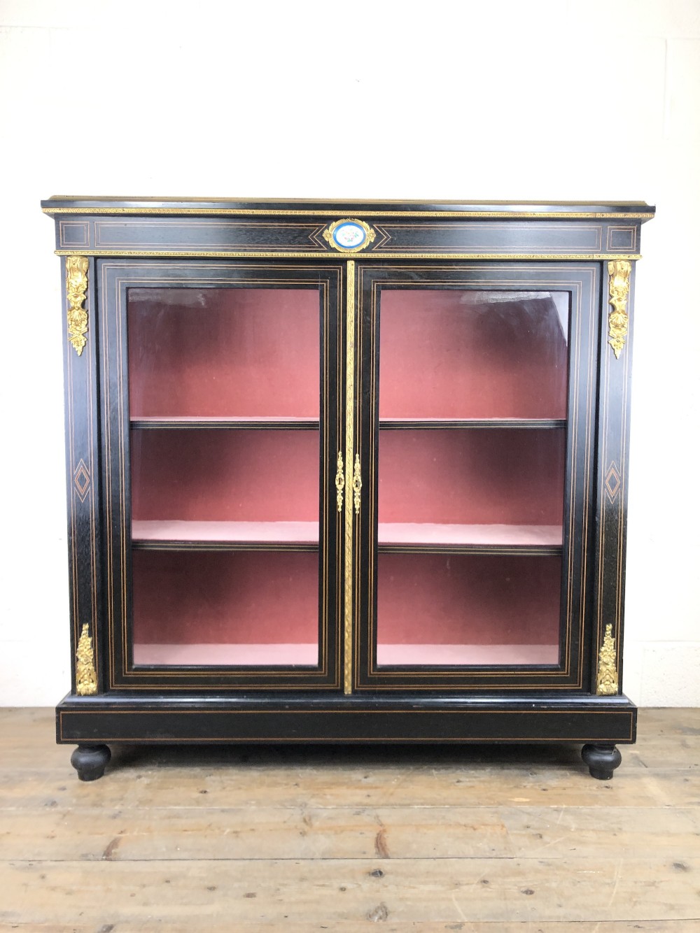 Victorian Ebonised Inlaid Side Cabinet with Brass Mounts 