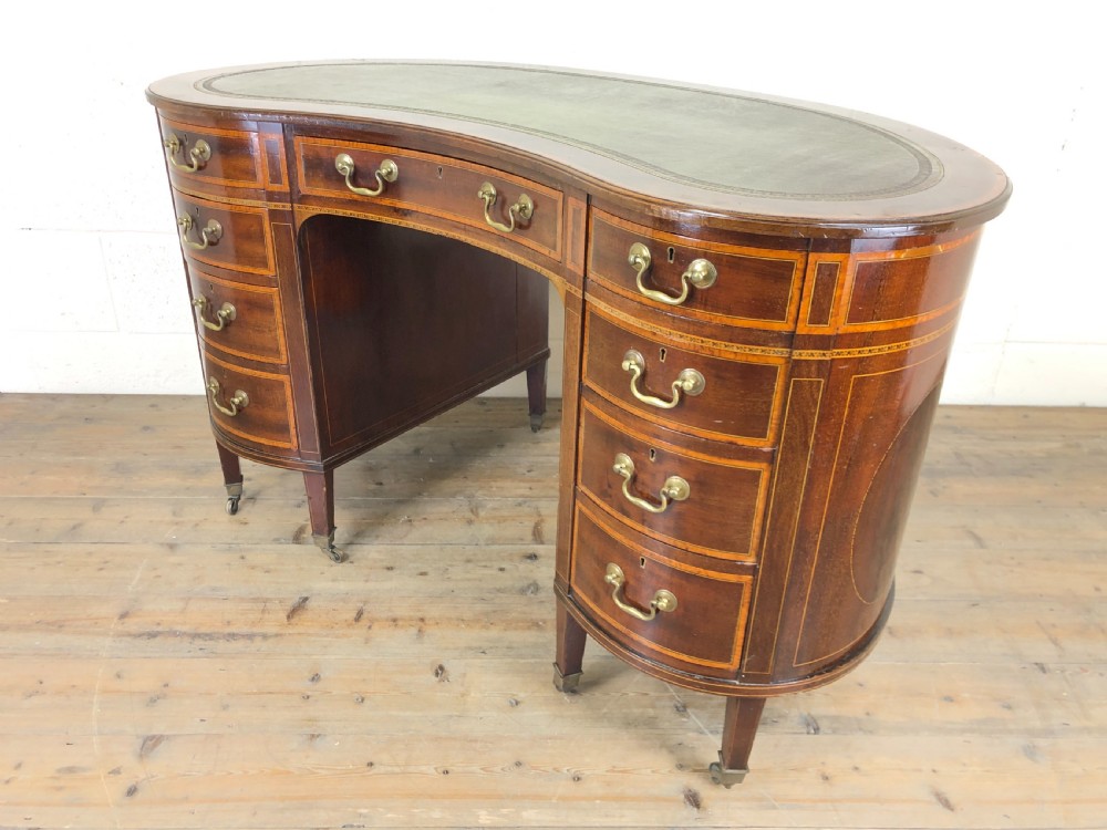 Edwardian Inlaid Mahogany Kidney Shaped Kneehole Desk View XIII