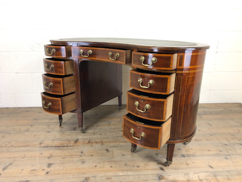 Edwardian Inlaid Mahogany Kidney Shaped Kneehole Desk View XIV