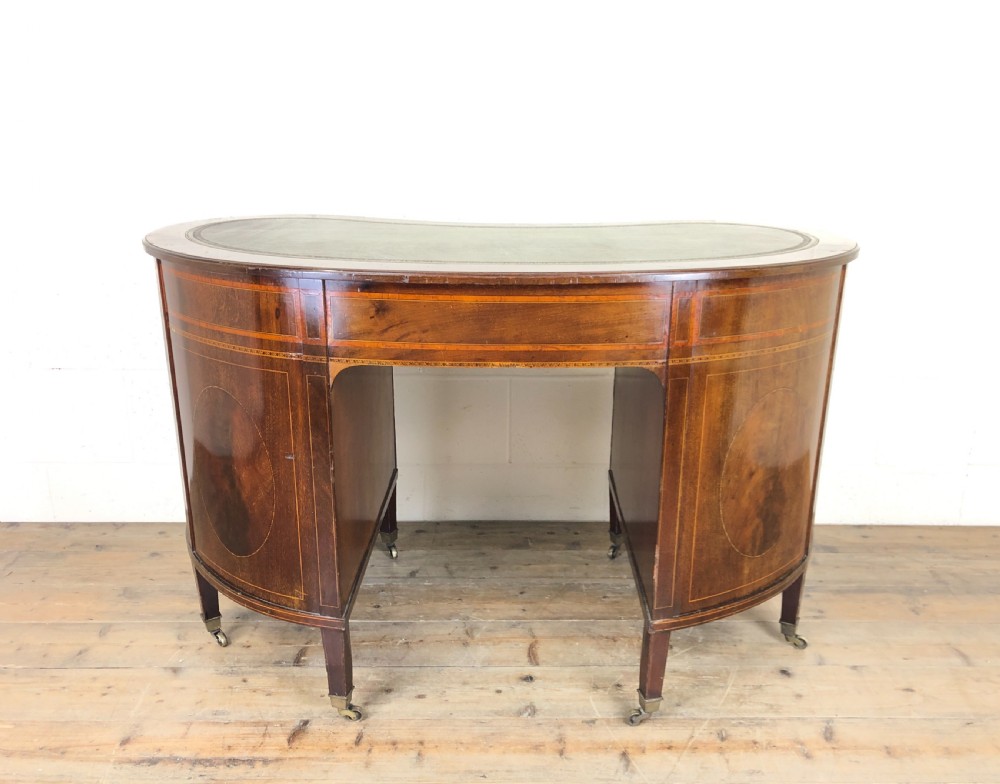 Edwardian Inlaid Mahogany Kidney Shaped Kneehole Desk View XVII