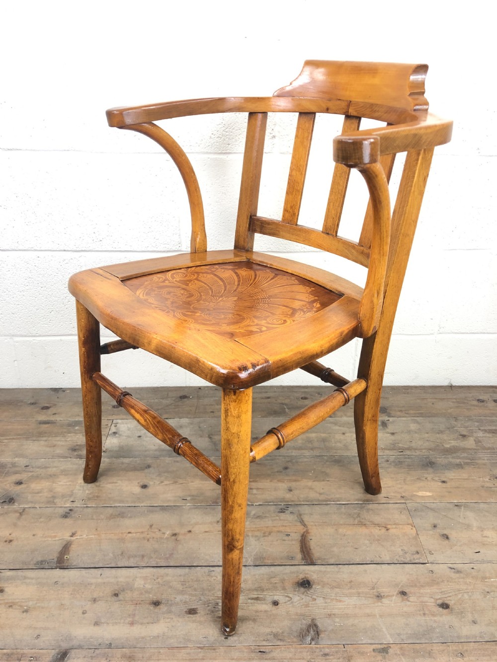 Early 20th Century Beech Smoker’s Armchair with Pokerwork Seat View VII