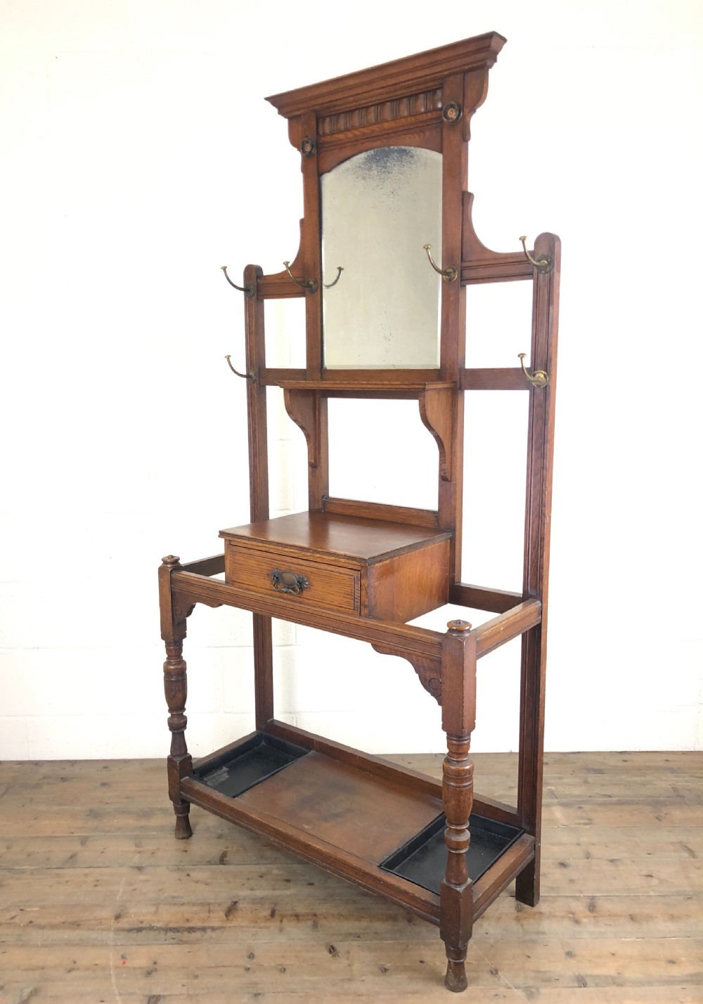 Antique Oak Hall Stand with Mirror  View XV