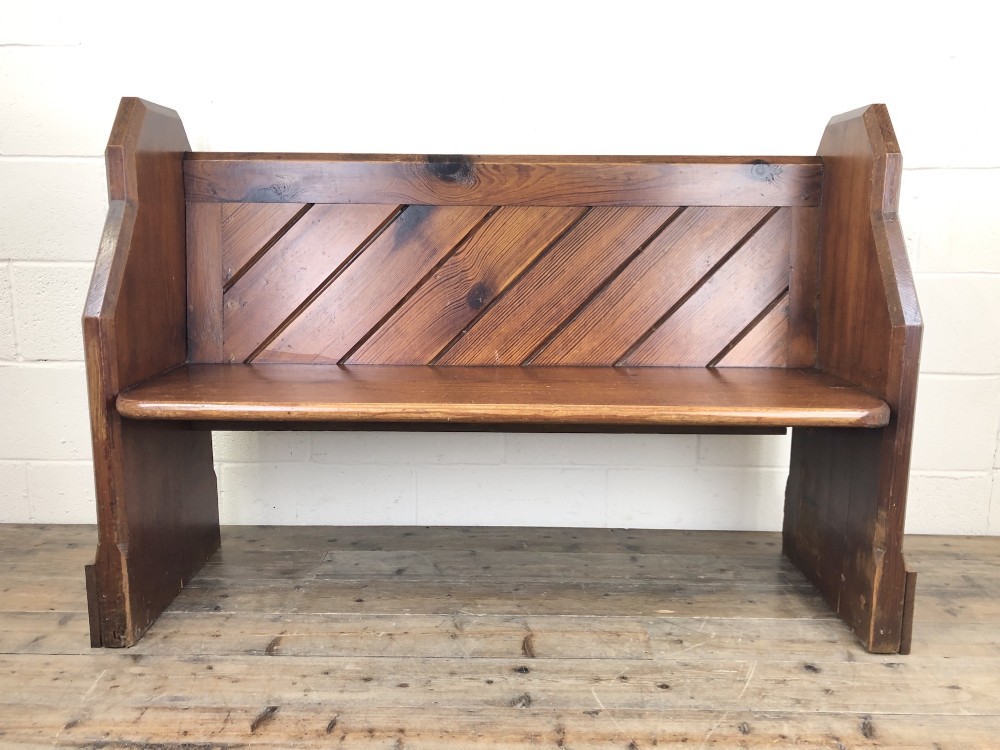Antique Pitch Pine Church Pew with Enamel Number Twenty-Eight