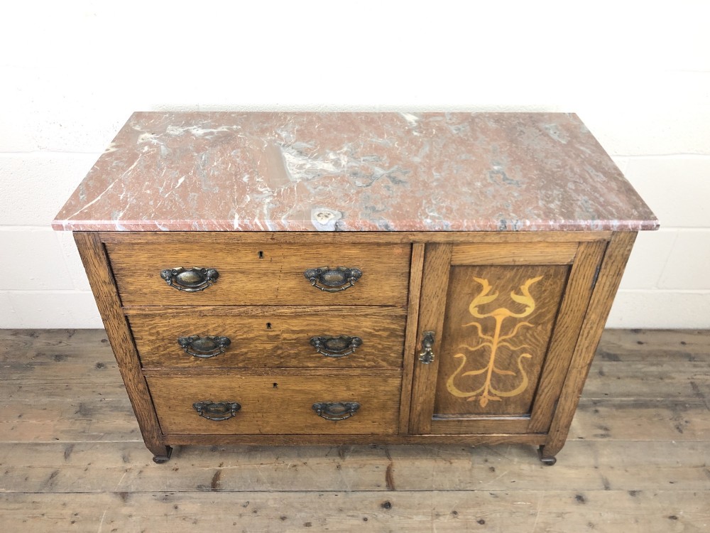 Antique Oak Arts & Crafts Marble Top Cupboard