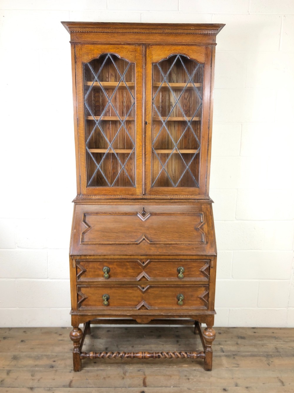 Antique Oak Glazed Bookcase Bureau