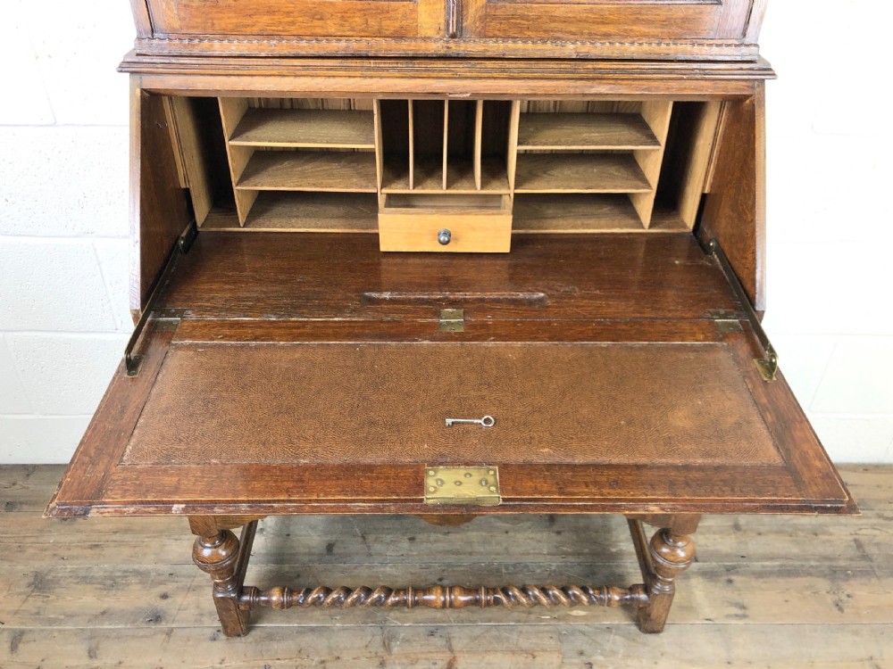 Antique Oak Glazed Bookcase Bureau View III