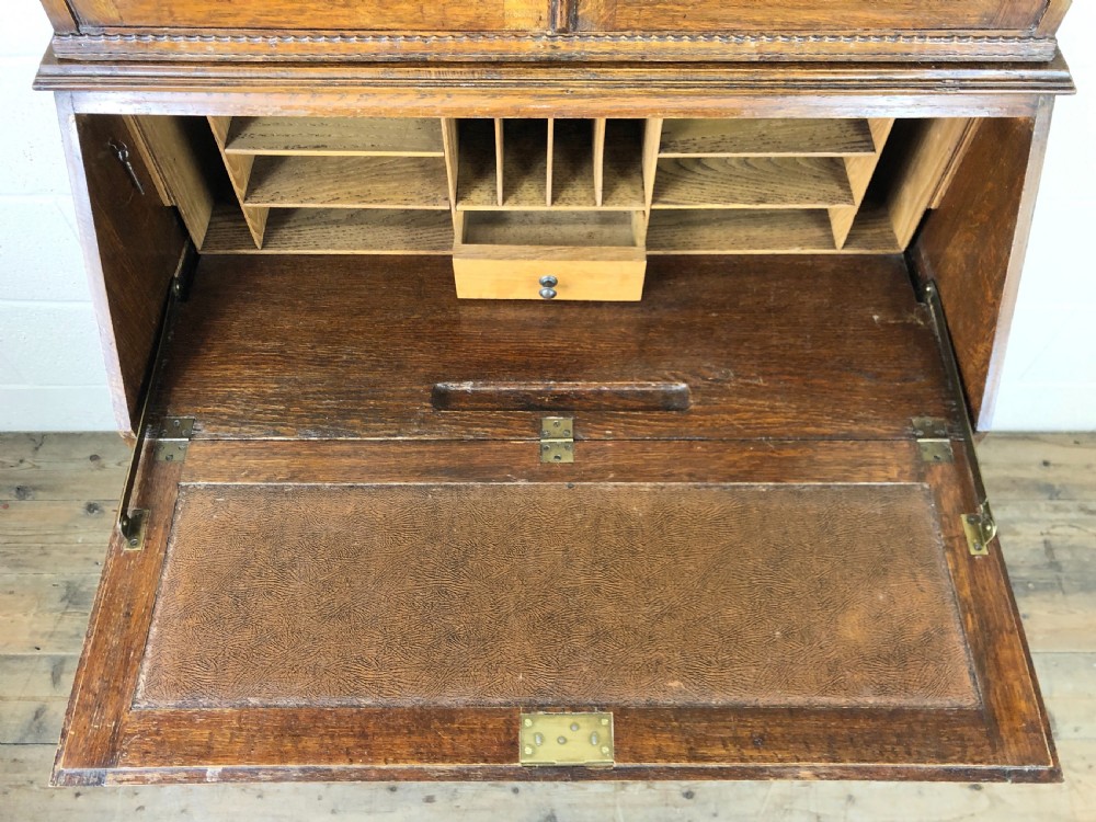 Antique Oak Glazed Bookcase Bureau View V