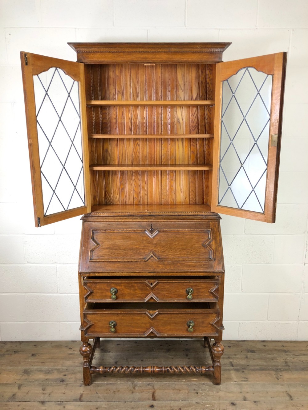 Antique Oak Glazed Bookcase Bureau View XII