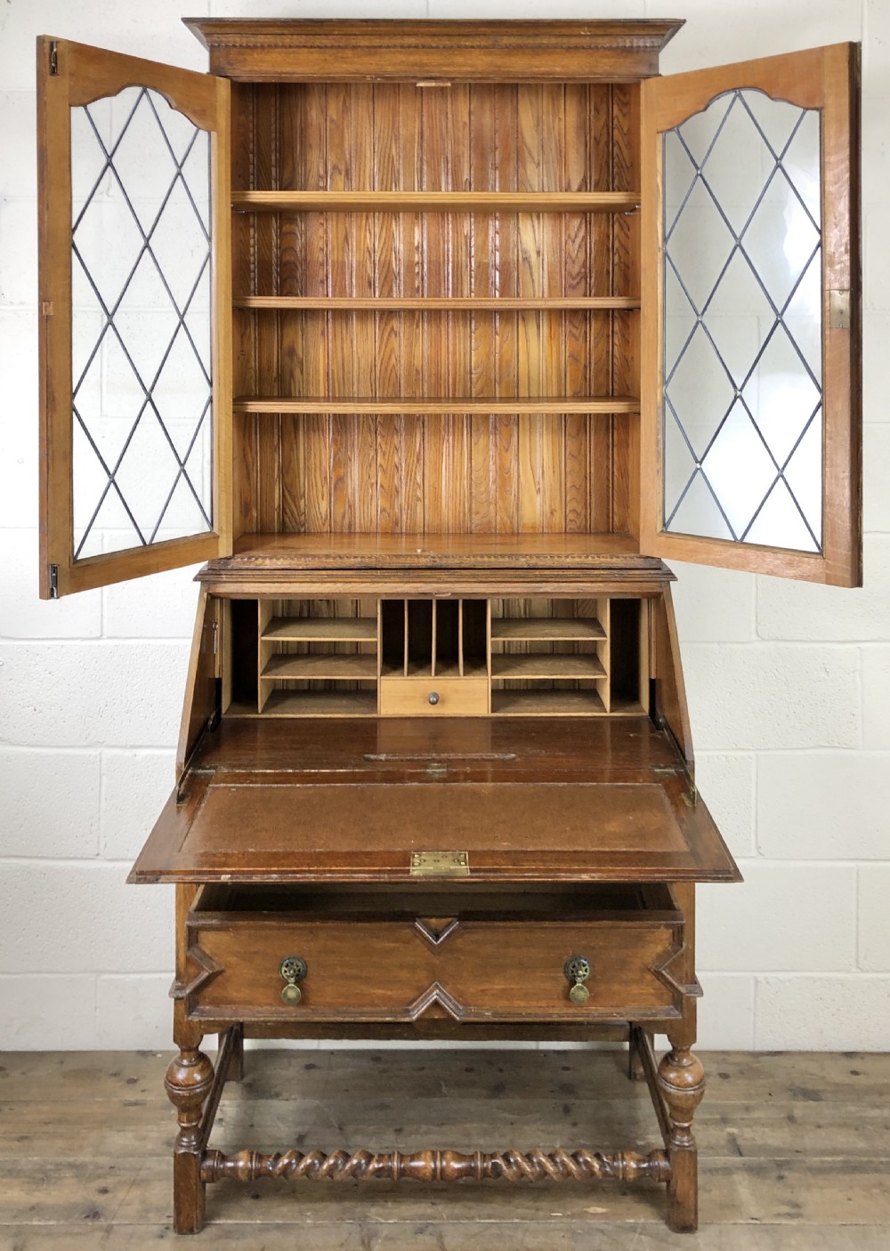 Antique Oak Glazed Bookcase Bureau View XIV