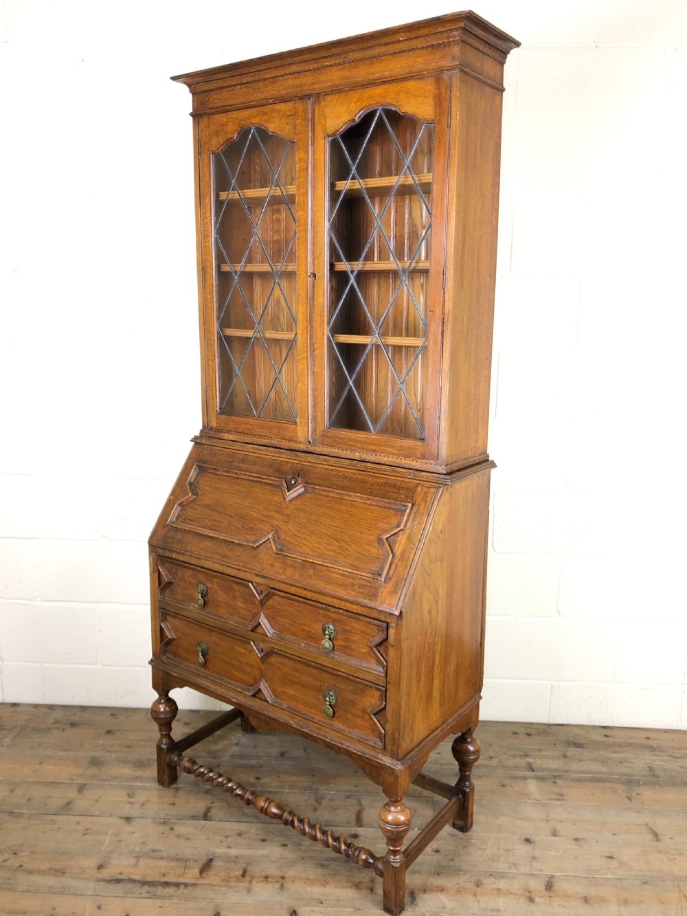 Antique Oak Glazed Bookcase Bureau View XV