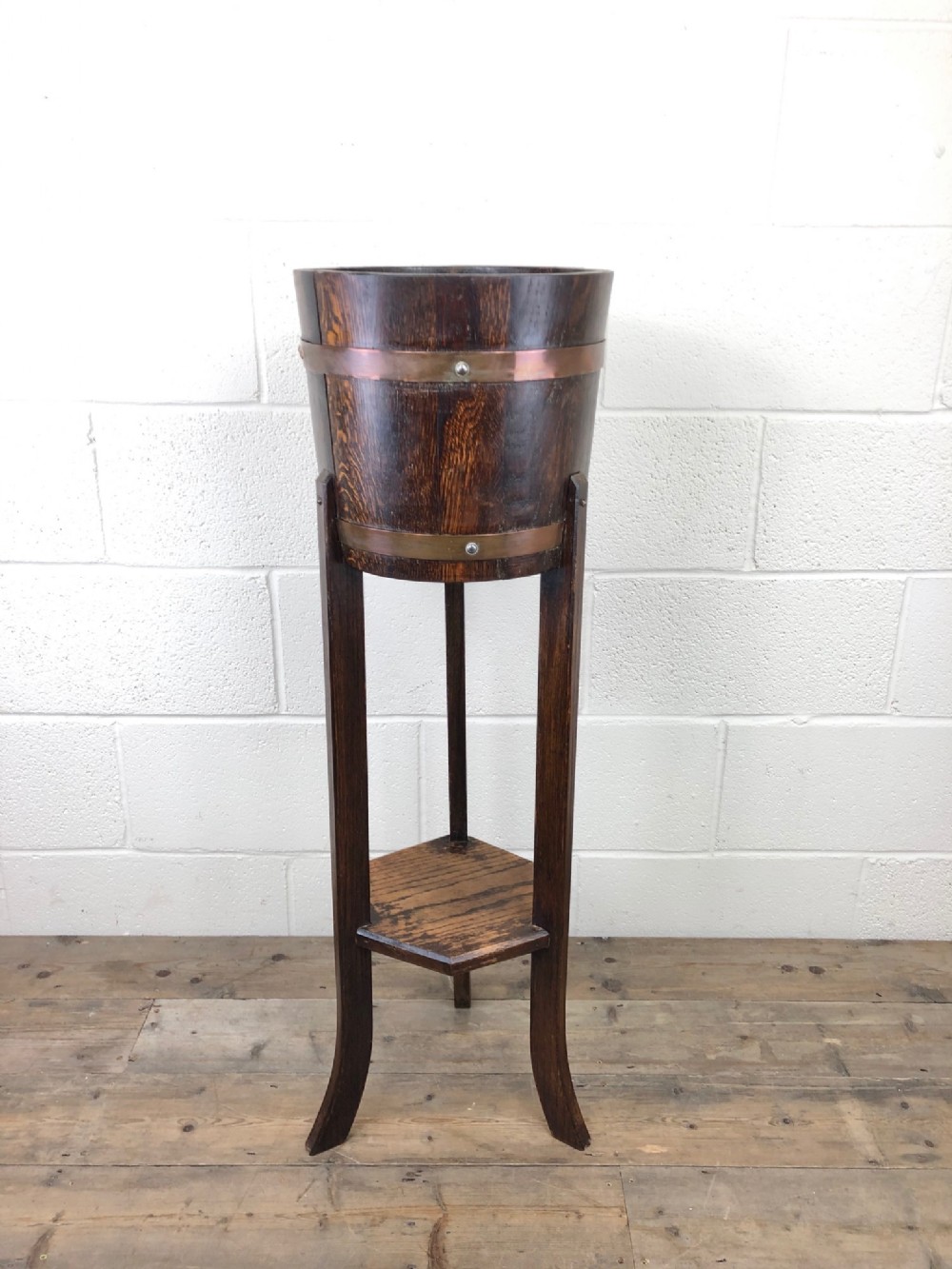 Antique Oak Coopered Jardiniere Stand by Lister & Co.