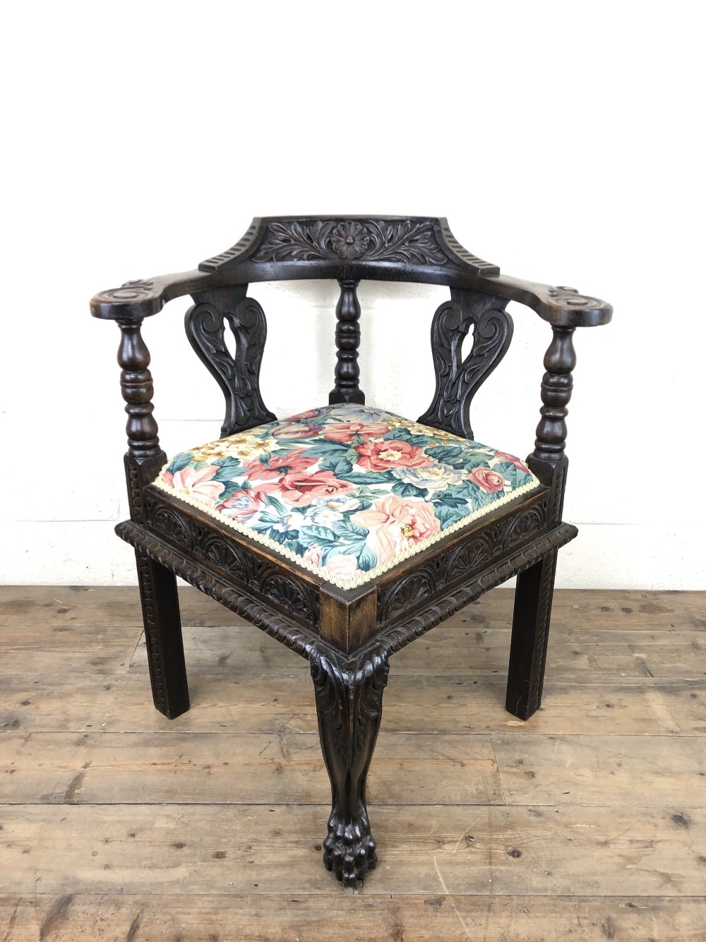 Victorian Carved Oak Corner Chair with Floral Upholstery