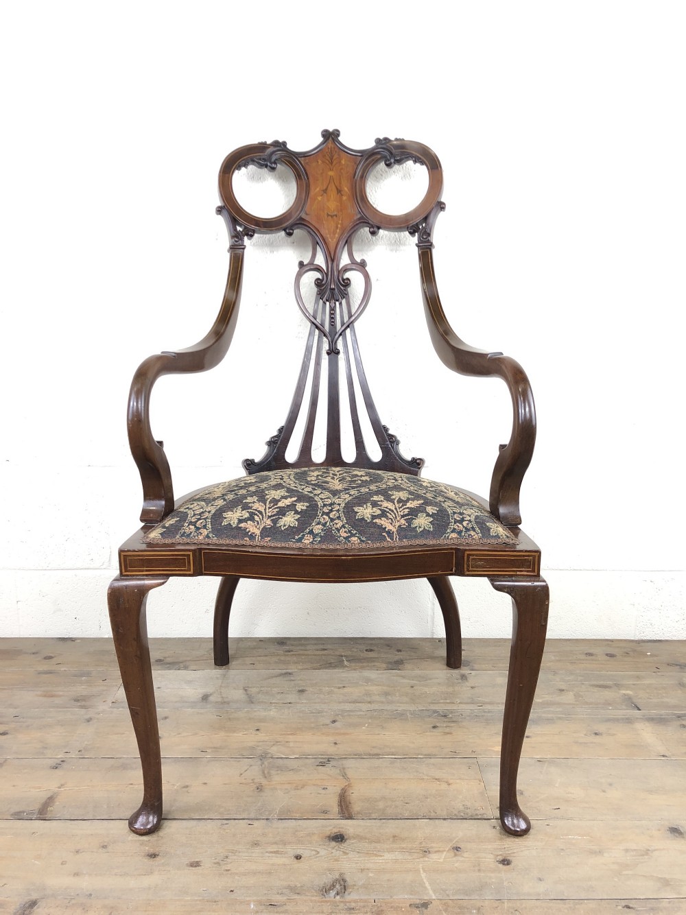Edwardian Art Nouveau Inlaid Mahogany Armchair