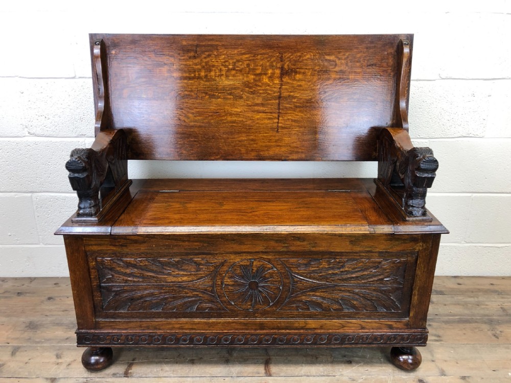 Antique Carved Oak Monk’s Bench View II