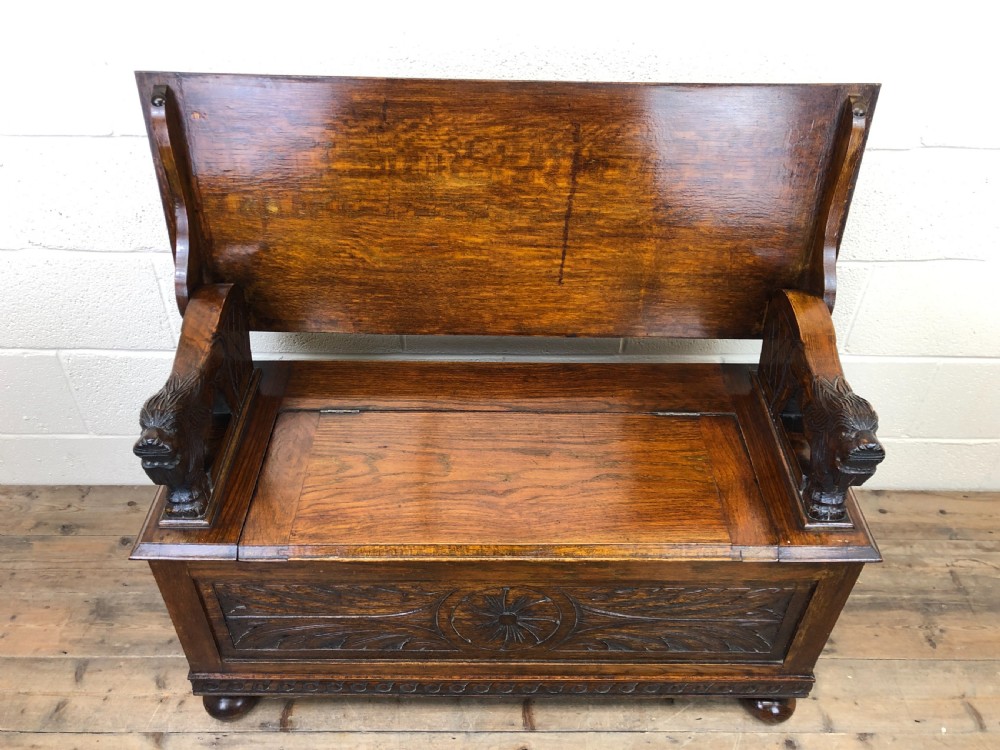 Antique Carved Oak Monk’s Bench View III
