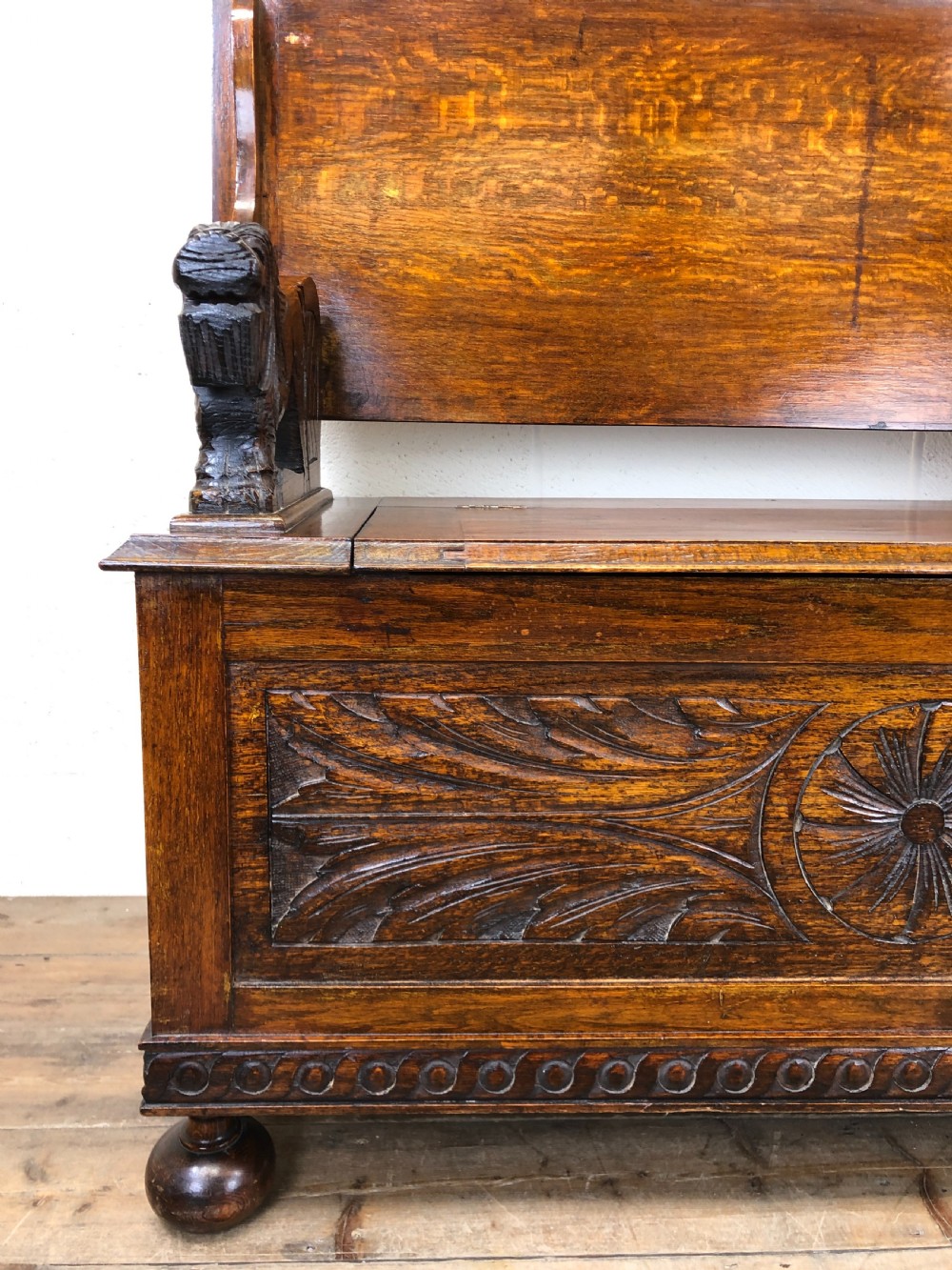 Antique Carved Oak Monk’s Bench View V