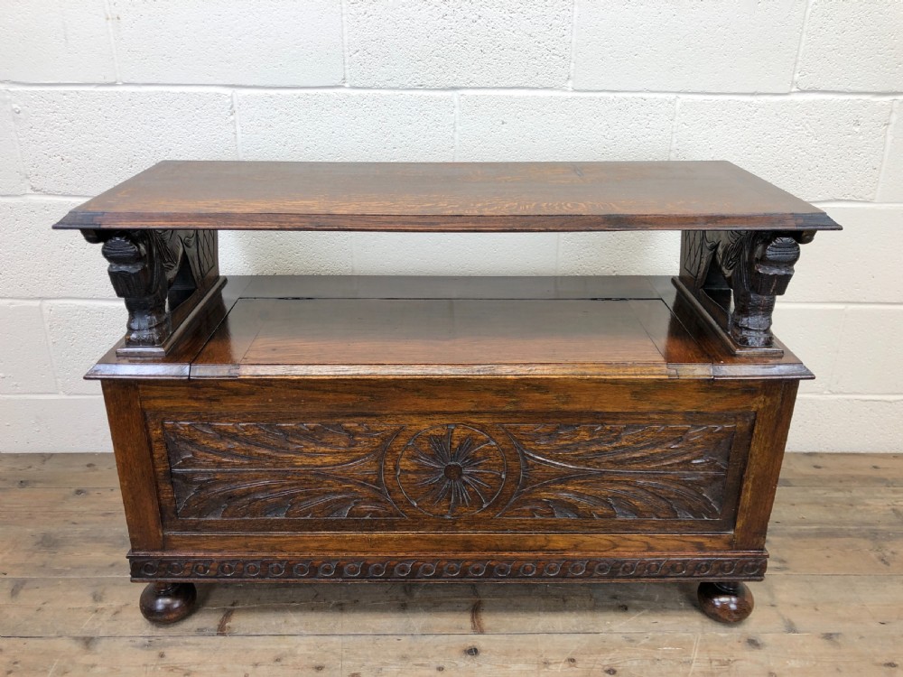 Antique Carved Oak Monk’s Bench View VI