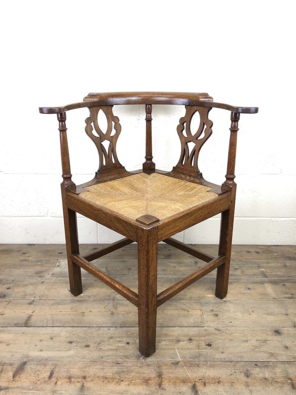 Antique 19th Century Oak Corner Chair with Rush Seat