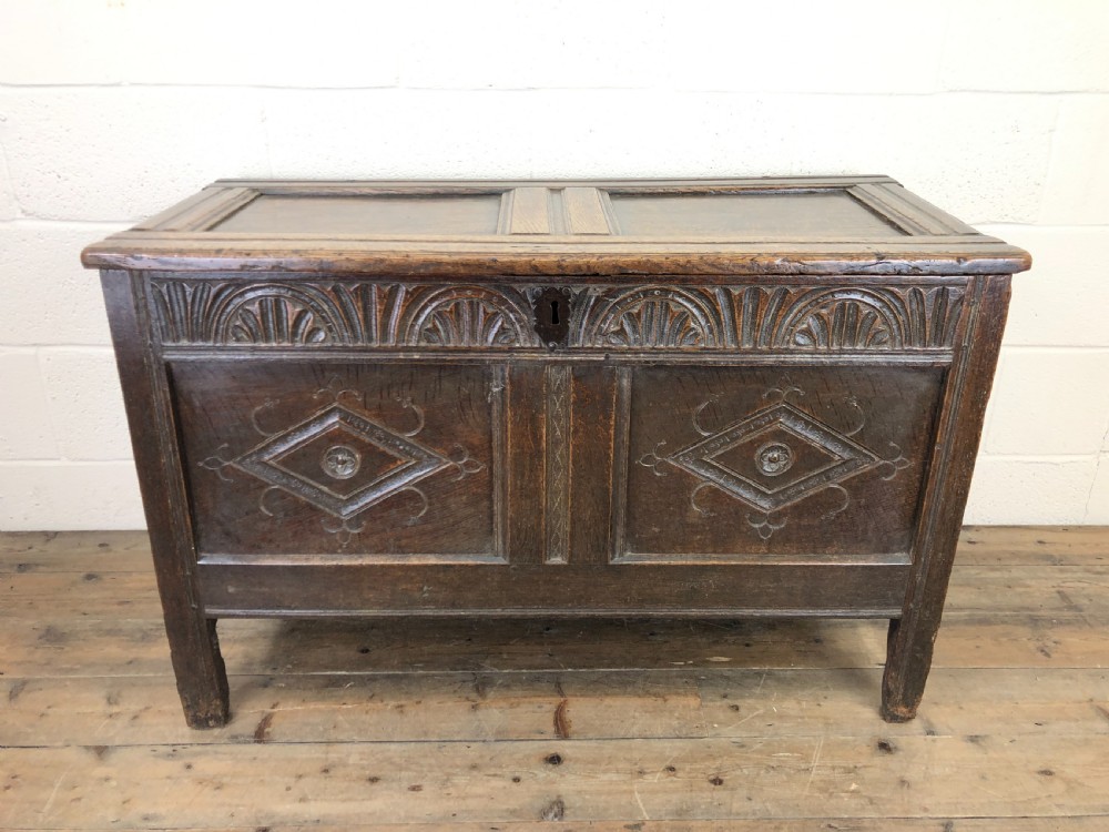 18th Century Oak Coffer with Carved Front View II