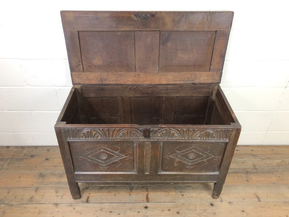 18th Century Oak Coffer with Carved Front View III